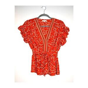 Max Studio Red Floral Top Women's Size Small Boho Tie Waist Flutter Sleeve